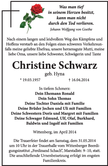 Traueranzeige von Christine Schwarz von WVG - Wochenspiegel Wittenberg
