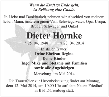 Traueranzeige von Dieter Hörnke von Super Sonntag Merseburg