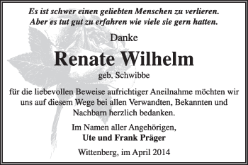 Traueranzeige von Renate Wilhelm von Super Sonntag Wittenberg