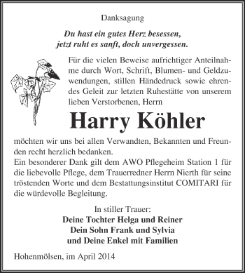 Traueranzeige von Harry Köhler von WVG - Wochenspiegel NMB / WSF / ZTZ