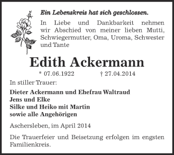 Traueranzeige von Edith Ackermann von Super Sonntag Aschersleben