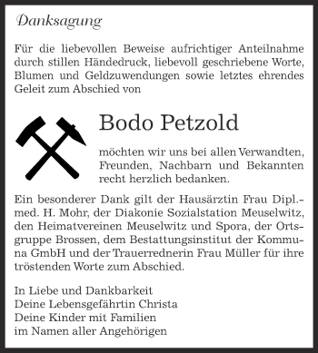 Traueranzeige von Bodo Petzold von Super Sonntag Zeitz