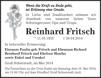 Traueranzeige von Reinhard Fritsch von Super Sonntag Aschersleben