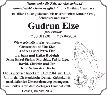 Traueranzeige von Gudrun Elze von Super Sonntag Dessau / Köthen