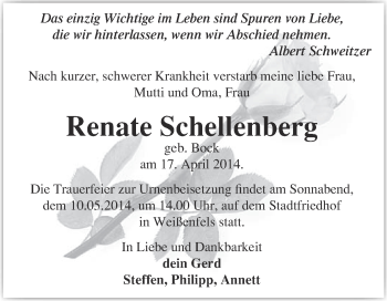 Traueranzeige von Renate Schellenberg von WVG - Wochenspiegel Merseburg