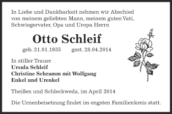 Traueranzeige von Otto Schleif von Super Sonntag Zeitz