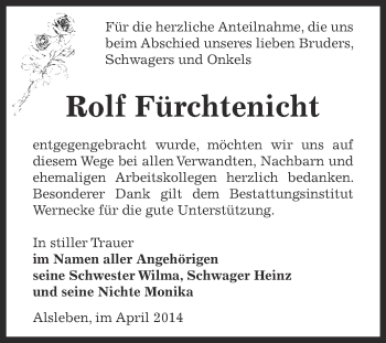 Traueranzeige von Rolf Fürchtenicht von Super Sonntag Bernburg