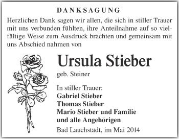 Traueranzeige von Ursula Stieber von WVG - Wochenspiegel Merseburg