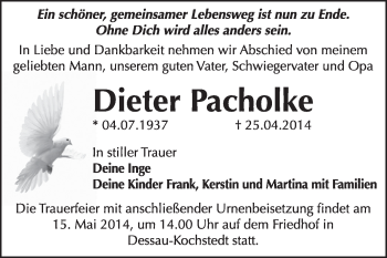 Traueranzeige von Dieter Pacholke von Super Sonntag Dessau / Köthen
