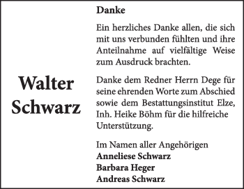 Traueranzeige von Walter Schwarz von Super Sonntag Dessau / Köthen