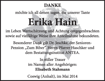 Traueranzeige von Erika Hain von Super Sonntag Wittenberg