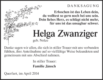 Traueranzeige von Helga Zwanziger von WVG - Wochenspiegel Merseburg