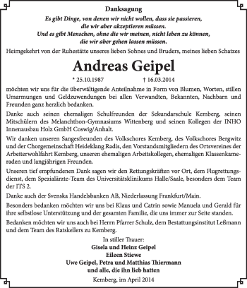 Traueranzeige von Andreas Geipel von WVG - Wochenspiegel Wittenberg