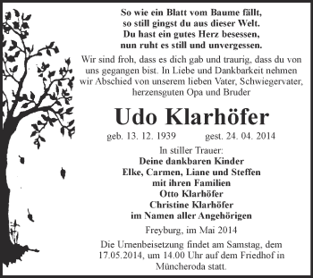 Traueranzeige von Udo Klarhöfer von WVG - Wochenspiegel NMB / WSF / ZTZ