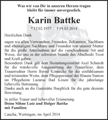 Traueranzeige von Karin Battke von WVG - Wochenspiegel NMB / WSF / ZTZ