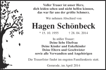Traueranzeige von Hagen Schönbeck von WVG - Wochenspiegel Quedlinburg