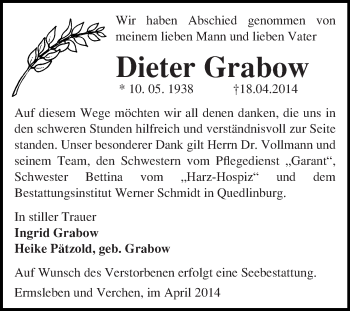 Traueranzeige von Dieter Grabow von WVG - Wochenspiegel Quedlinburg