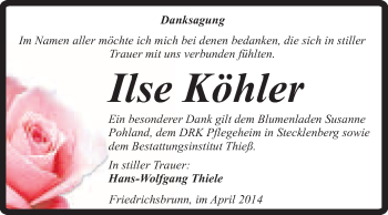 Traueranzeige von Ilse Köhler von Super Sonntag Quedlinburg