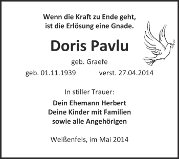Traueranzeige von Doris Pavlu von WVG - Wochenspiegel NMB / WSF / ZTZ