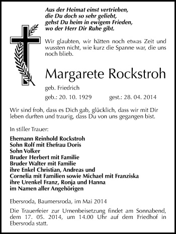 Traueranzeige von Margarete Rockstroh von WVG - Wochenspiegel NMB / WSF / ZTZ