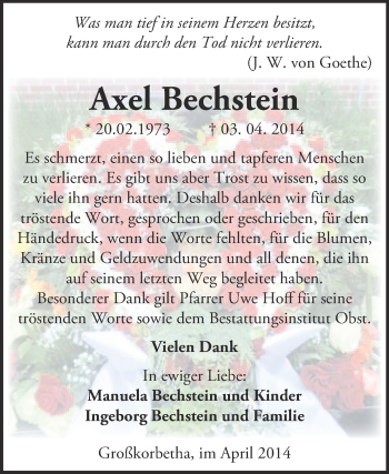 Traueranzeige von Axel Bechstein von Super Sonntag Merseburg