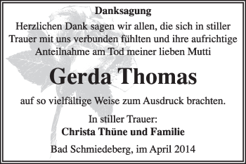 Traueranzeige von Gerda Thomas von WVG - Wochenspiegel Wittenberg