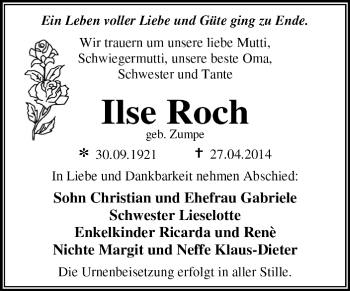 Traueranzeige von Ilse Roch von Super Sonntag Dessau / Köthen