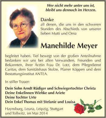 Traueranzeige von Manehilde Meyer von Super Sonntag Zeitz