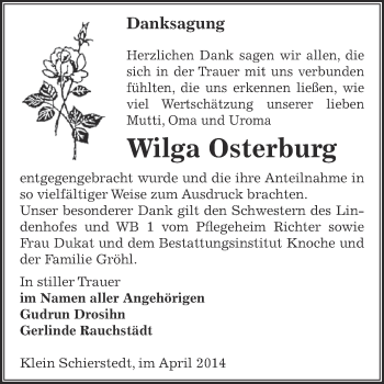 Traueranzeige von Wilga Osterburg von WVG - Wochenspiegel Aschersleben