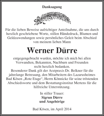 Traueranzeige von Werner Dürre von WVG - Wochenspiegel NMB / WSF / ZTZ