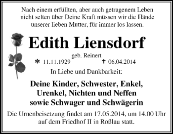 Traueranzeige von Edith Liensdorf von Super Sonntag Dessau / Köthen