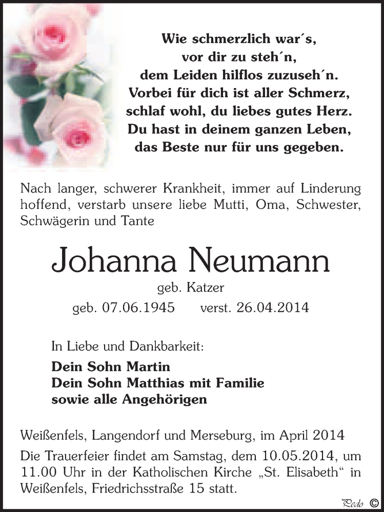  Traueranzeige für Johanna Neumann vom 07.05.2014 aus WVG - Wochenspiegel NMB / WSF / ZTZ