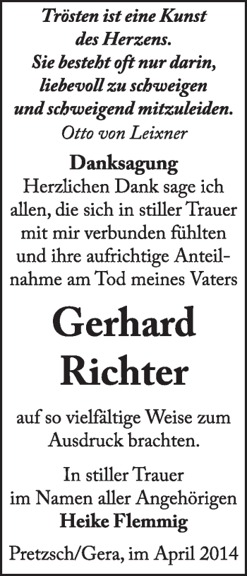 Traueranzeige von Gerhard Richter von Super Sonntag Wittenberg