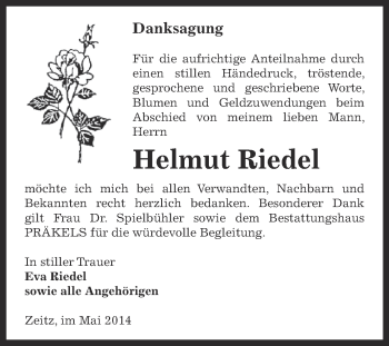 Traueranzeige von Helmut Riedel von Super Sonntag Zeitz