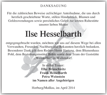 Traueranzeige von Ilse Hesselbarth von Super Sonntag Merseburg