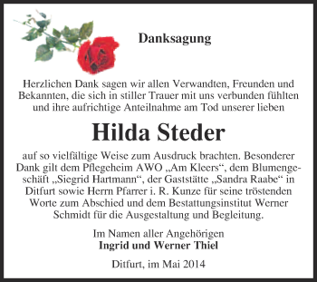 Traueranzeige von Hilda Steder von WVG - Wochenspiegel Quedlinburg