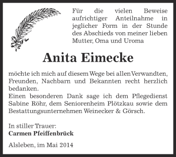 Traueranzeige von Anita Eimecke von Super Sonntag Bernburg
