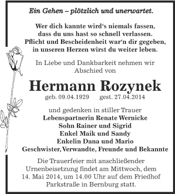 Traueranzeige von Hermann Rozynek von Super Sonntag Bernburg