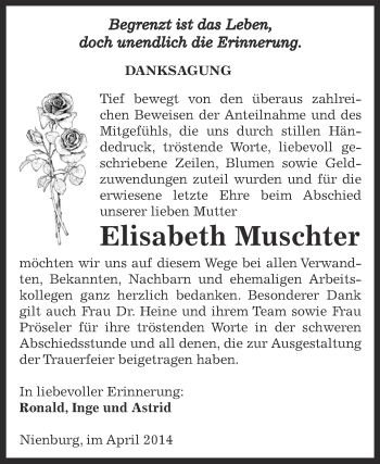 Traueranzeige von Elisabeth Muschter von Super Sonntag Bernburg