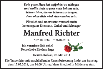 Traueranzeige von Manfred Richter von Super Sonntag Dessau / Köthen