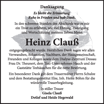 Traueranzeige von Heinz Clauß von Super Sonntag Dessau / Köthen
