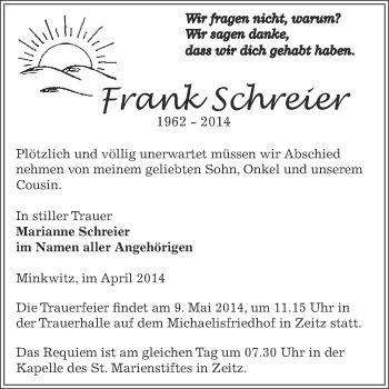 Traueranzeige von Frank Schreier von Super Sonntag Zeitz