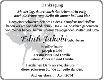 Traueranzeige von Edith Jakobi von WVG - Wochenspiegel Aschersleben