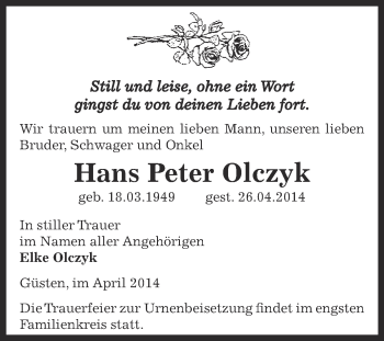 Traueranzeige von Hans Peter Olczyk von Super Sonntag Bernburg