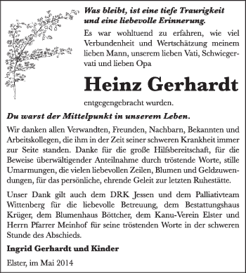 Traueranzeige von Heinz Gerhardt von WVG - Wochenspiegel Wittenberg