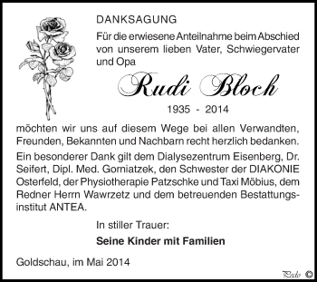 Traueranzeige von Rudi Bloch von Super Sonntag Zeitz