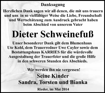 Traueranzeige von Dieter Schweinefuß von WVG - Wochenspiegel Quedlinburg