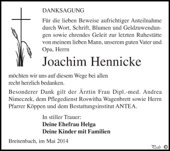 Traueranzeige von Joachim Hennicke von Super Sonntag Zeitz