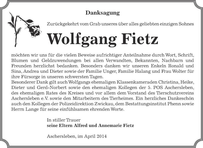  Traueranzeige für Wolfgang Fietz vom 07.05.2014 aus WVG - Wochenspiegel Aschersleben