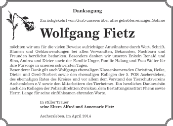 Traueranzeige von Wolfgang Fietz von WVG - Wochenspiegel Aschersleben